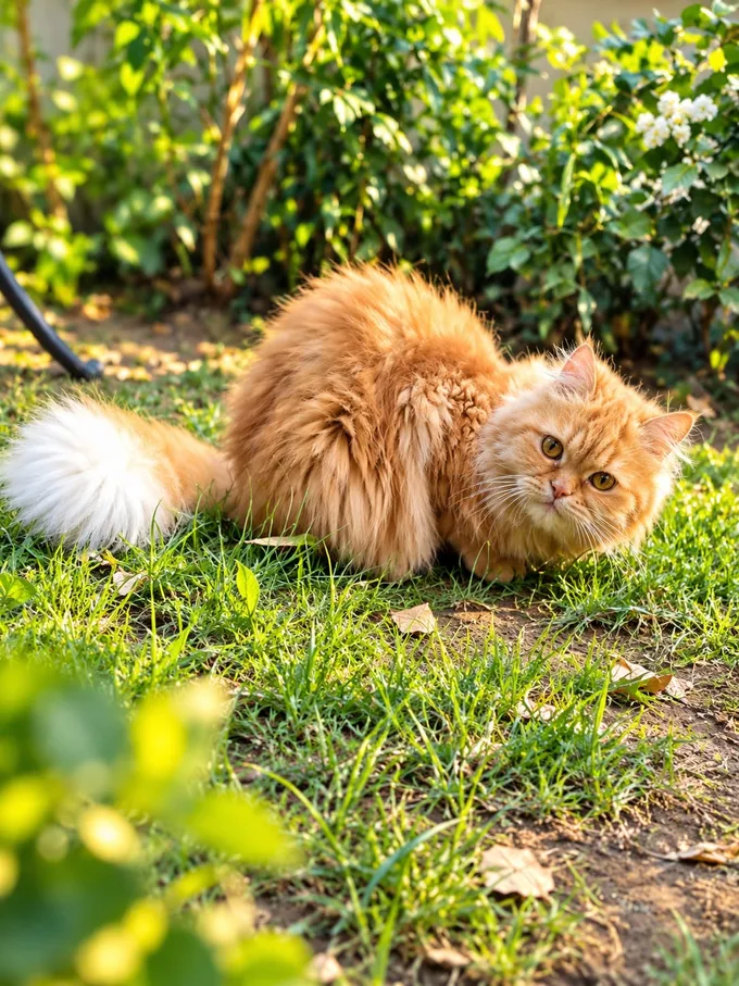 A cream and ginger Persian cat lying in sunlit grass in a garden, looking towards the camera