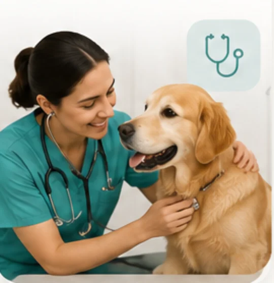 A vet with a golden retriever