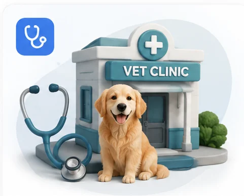 Veterinarian with a golden retriever at a clinic